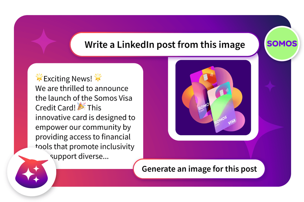 Screenshot of a LinkedIn post template featuring colorful Somos Visa credit cards and announcement text on a purple gradient background